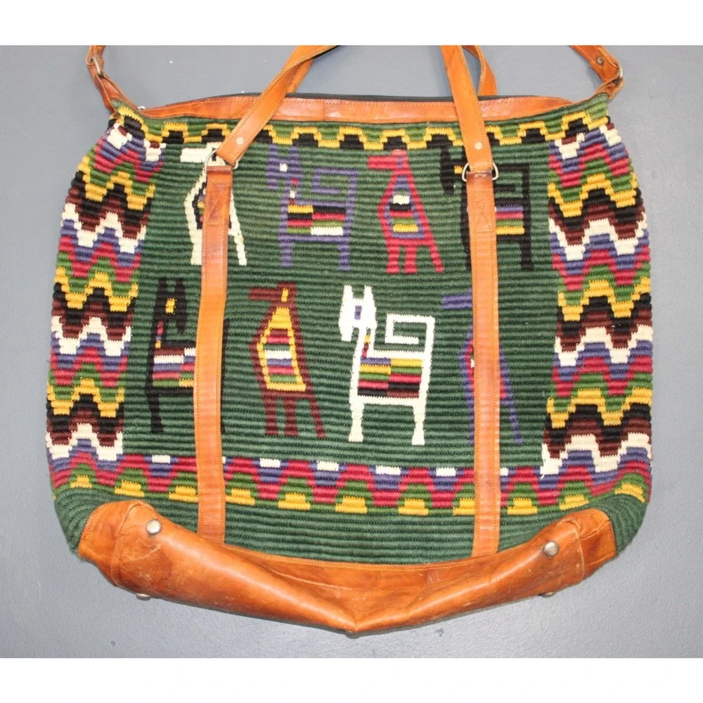 Vintage Handmade Woven Tote Bag Leather Trim Boho Guatemala Alpaca Wool Travel - Picture 5 of 14